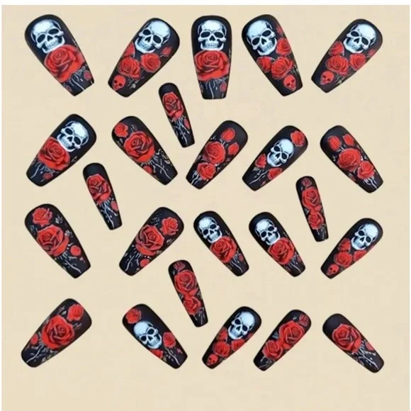 24pcs Long Square Acrylic Skull & Rose Pattern Fake Nails - Picture 3 of 6